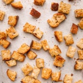 homemade croutons on baking sheet