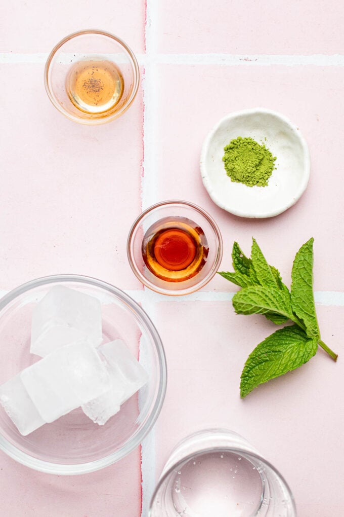 mint, ice, matcha in bowls